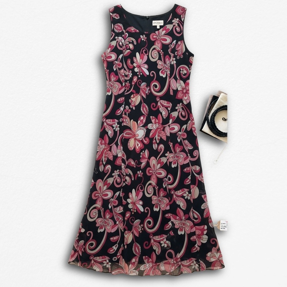 Studio I Womens Pink Floral Psychedelic Sleeveless Midi Dress with Belt Size 16